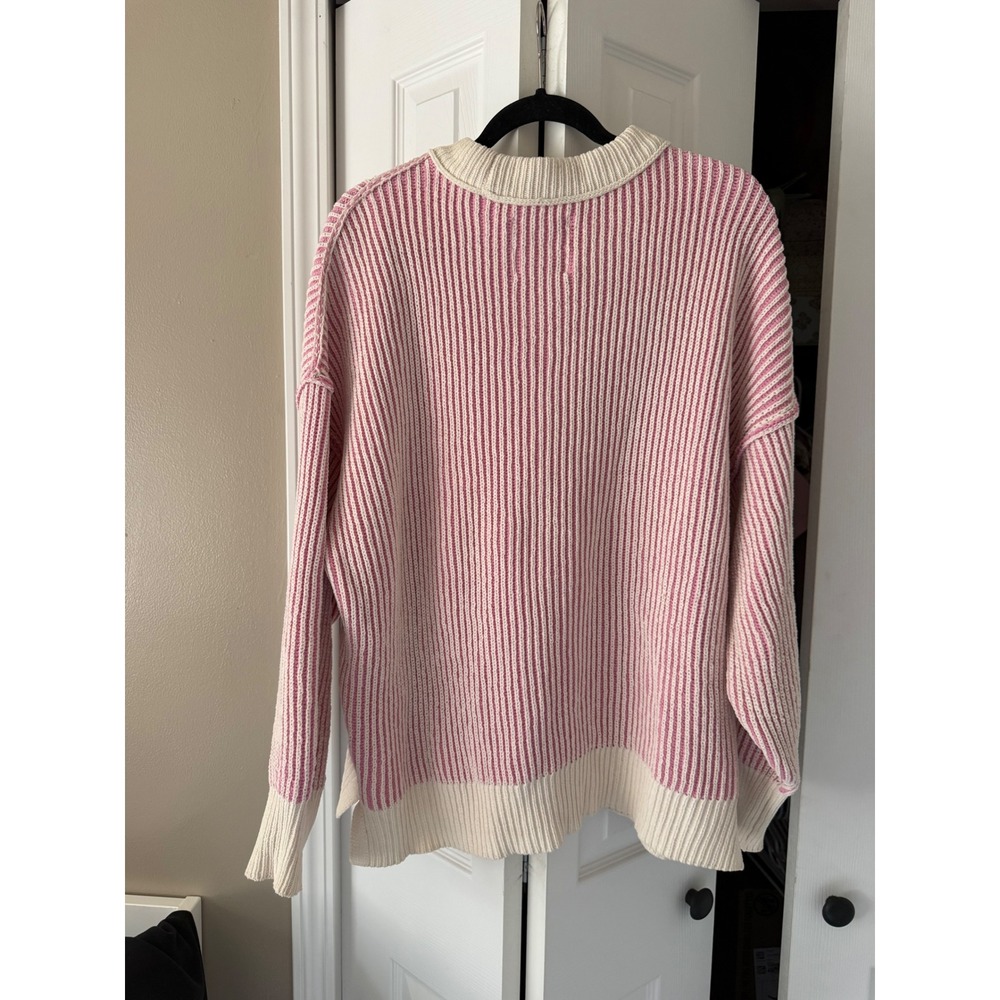 Aerie Beyond Chenille Sweater Womens Medium Pink Cream Striped Ribbed Oversized - Picture 4 of 6